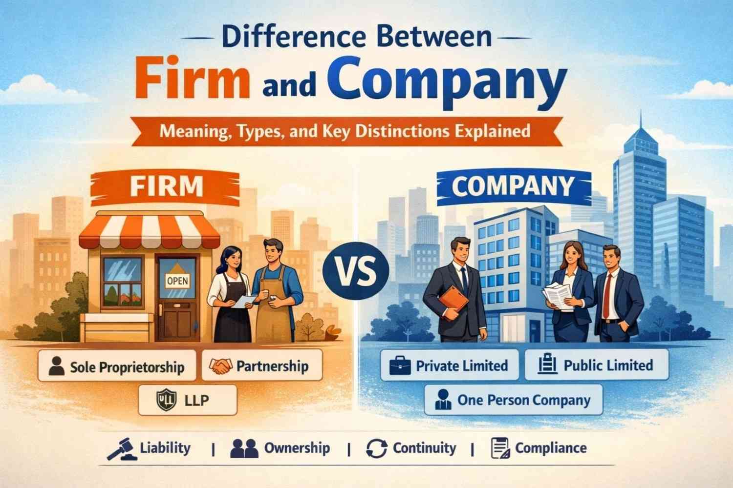 Comparison chart showing the difference between firm and company in India